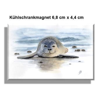Kühlschrankmagnet  Aquarell Maritim Kunst Druck Kunstdruck Seehund auf Bauch Robbe Heuler Kegelrobbe Dänemark Nordsee Ostsee