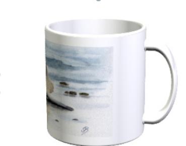 Tasse Becher Kaffeebecher  Aquarell Maritim Kunst Druck Kunstdruck Seehund auf Bauch Robbe Heuler Kegelrobbe Dänemark Nordsee Ostsee
