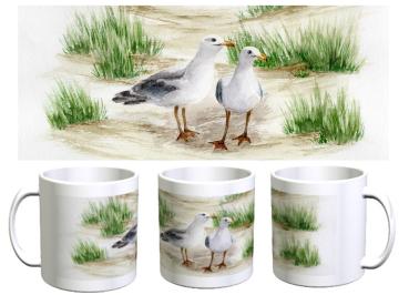 Tasse Becher Kaffeebecher  Aquarell Maritim Kunst Druck Kunstdruck Dänemark Nordsee Ostsee Düne Dünen Meer Möwe Möwen Strand