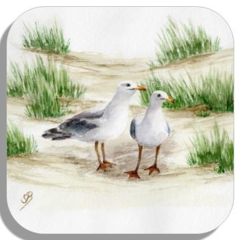 Coasters glass coasters 9,5 x  9,5 cm Watercolor Maritime Art Print Denmark North Sea Baltic Sea Dune Dunes Beach Seagull Seagulls
