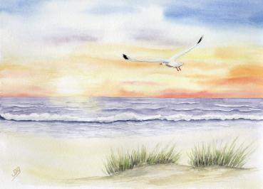 Poster DIN-A4  Sonnenuntergang Strand Aquarell Maritim Kunst Druck Kunstdruck Dänemark Nordsee Düne Dünen Meer Möwe Ostsee