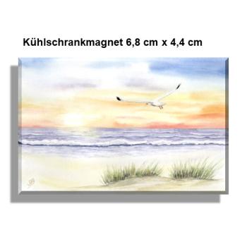 Kühlschrankmagnet Sonnenuntergang Strand Aquarell Maritim Kunst Druck Kunstdruck Dänemark Nordsee Düne Dünen Meer Möwe Ostsee
