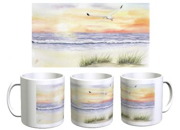 Tasse Becher Kaffeebecher Sonnenuntergang Strand Aquarell Maritim Kunst Druck Kunstdruck Dänemark Nordsee Düne Dünen Meer Möwe Ostsee