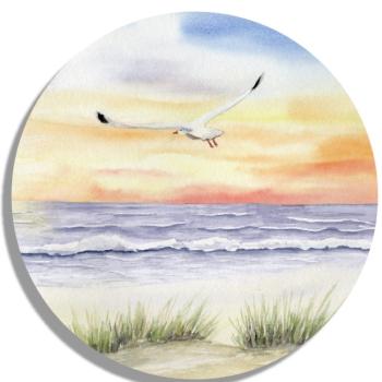 Untersetzer Glasuntersetzer rund 9,5 cm  Sonnenuntergang Strand Aquarell Maritim Kunst Druck Kunstdruck Dänemark Nordsee Düne Dünen Meer Möwe Ostsee