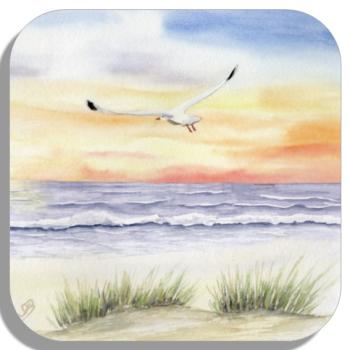 Untersetzer Glasuntersetzer 9,5 x 9,5 cm Sonnenuntergang Strand Aquarell Maritim Kunst Druck Kunstdruck Dänemark Nordsee Düne Dünen Meer Möwe Ostsee