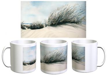 Tasse Becher Kaffeebecher  Aquarell Maritim Kunst Druck Kunstdruck Dänemark Nordsee Ostsee Düne Meer Möwe Strand