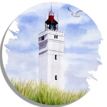Untersetzer Glasuntersetzer rund 9,5 cm Aquarell Maritim Kunst Druck Kunstdruck Nordsee Dänemark Danmark  Blåvand Blavand Dünen Leuchtturm