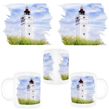 Tasse Becher Kaffeebecher Aquarell Maritim Kunst Druck Kunstdruck Nordsee Dänemark Danmark  Blåvand Blavand Dünen Leuchtturm
