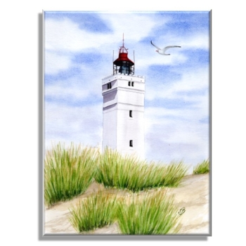 Leinwand 30 x 20 cm Keilrahmen Canvas-Leinen Aquarell Maritim Kunst Druck Kunstdruck Nordsee Dänemark Danmark  Blåvand Blavand Dünen Leuchtturm