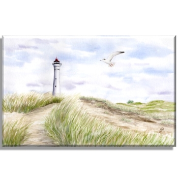 Leinwand 30 x 20 cm Keilrahmen Canvas-Leinen Aquarell Maritim Kunst Druck Kunstdruck Nordsee Dänemark Danmark  Leuchtturm Lyngvig Hvide Sande Sondervig Strand Möwe