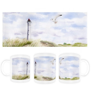 Tasse Becher Kaffeebecher Aquarell Maritim Kunst Druck Kunstdruck Nordsee Dänemark Danmark  Leuchtturm Lyngvig Hvide Sande Sondervig Strand Möwe