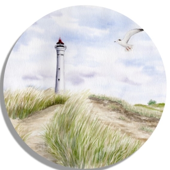 Untersetzer Glasuntersetzer rund 9,5 cm Aquarell Maritim Kunst Druck Kunstdruck Nordsee Dänemark Danmark Leuchtturm Lyngvig Hvide Sande Sondervig Strand Möwe