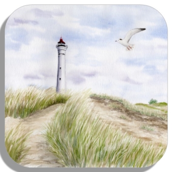 Untersetzer Glasuntersetzer 9,5 x 9,5 cm Aquarell Maritim Kunst Druck Kunstdruck Nordsee Dänemark Danmark  Leuchtturm Lyngvig Hvide Sande Sondervig Strand Möwe