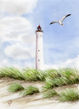 Folienmagnet Aquarell Maritim Kunst Druck Kunstdruck Nordsee Dänemark Danmark Leuchtturm Lyngvig Hvide Sande Sondervig Strand