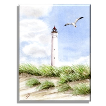 Leinwand 30 x 20 cm Keilrahmen Canvas-Leinen Aquarell Maritim Kunst Druck Kunstdruck Nordsee Dänemark Danmark  Leuchtturm Lyngvig Hvide Sande Sondervig Strand Möwe