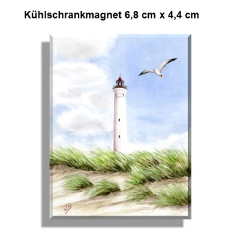 Kühlschrankmagnet  Aquarell Aquarell Maritim Kunst Druck Kunstdruck Nordsee Dänemark Danmark Leuchtturm Lyngvig Hvide Sande Sondervig Strand Möwe