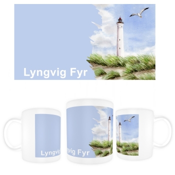 Tasse Becher Kaffeebecher Aquarell Maritim Kunst Druck Kunstdruck Nordsee Dänemark Danmark  Leuchtturm Lyngvig Hvide Sande Sondervig Strand Möwe