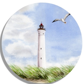 Untersetzer Glasuntersetzer rund 9,5 cm Aquarell Maritim Kunst Druck Kunstdruck Nordsee Dänemark Danmark Leuchtturm Lyngvig Hvide Sande Sondervig Strand Möwe
