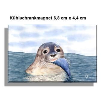 Kühlschrankmagnet Aquarell Maritim Kunst Druck Kunstdruck Seehund mit Fisch Robbe Heuler Kegelrobbe Dänemark Nordsee Ostsee