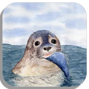 Coasters glass coasters 9,5 x  9,5 cm  Watercolor Maritime Art Print Seal with fish Denmark North Sea Baltic Sea