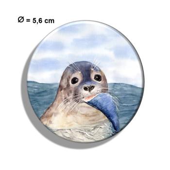 Kühlschrankmagnet m. Flaschenöffner  Aquarell Maritim Kunst Druck Kunstdruck Seehund mit Fisch Robbe Heuler Kegelrobbe Dänemark Nordsee Ostsee