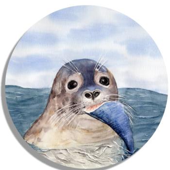 Untersetzer Glasuntersetzer rund 9,5 cm  Aquarell Maritim Kunst Druck Kunstdruck Seehund mit Fisch Robbe Heuler Kegelrobbe Dänemark Nordsee Ostsee
