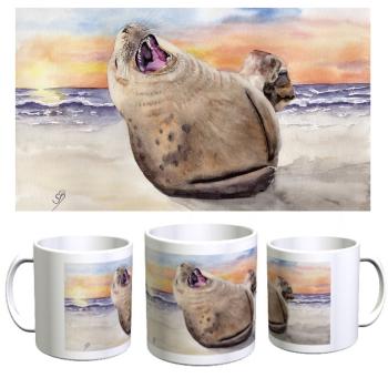 Tasse Becher Kaffeebecher  Aquarell Maritim Kunst Druck Kunstdruck lachender Seehund Robbe Heuler Kegelrobbe Dänemark Nordsee Ostsee