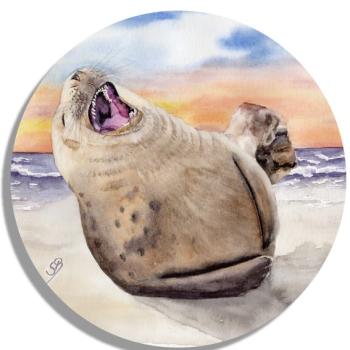 Untersetzer Glasuntersetzer rund 9,5 cm Aquarell Maritim Kunst Druck Kunstdruck lachender Seehund Robbe Heuler Kegelrobbe Dänemark Nordsee Ostsee