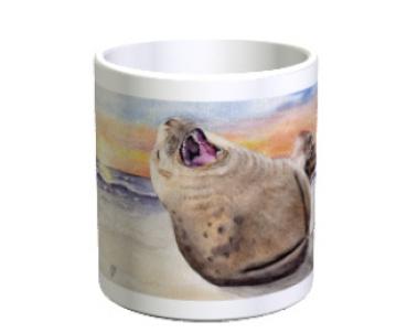 Tasse Becher Kaffeebecher  Aquarell Maritim Kunst Druck Kunstdruck lachender Seehund Robbe Heuler Kegelrobbe Dänemark Nordsee Ostsee