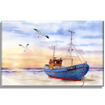 Leinwand 30 x 20 cm Keilrahmen Canvas-Leinen DK26 - Fischerboot mit Möwen im Sonnenuntergang