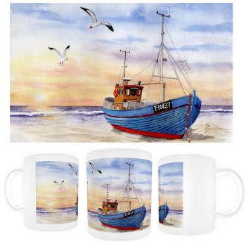 Tasse Becher Kaffeebecher - Fischerboot mit Möwen im Sonnenuntergang DK26