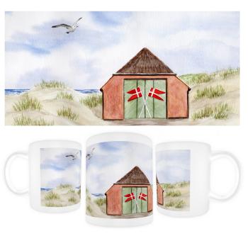 Tasse Becher Kaffeebecher Rettungsstation Rettungshaus Dünen Aquarell Maritim Kunst Druck Kunstdruck Dänemark Nordsee Düne Meer Strand Blokhus