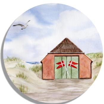 Untersetzer Glasuntersetzer rund 9,5 cm Rettungsstation Rettungshaus Dünen Aquarell Maritim Kunst Druck Kunstdruck Dänemark Nordsee Düne Meer Strand Blokhus