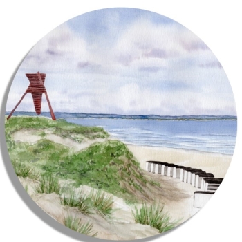 Untersetzer Glasuntersetzer rund 9,5 cm Folienmagnet Aquarell Maritim Kunst Druck Kunstdruck Dänemark Nordsee Blokhus Bake Strand