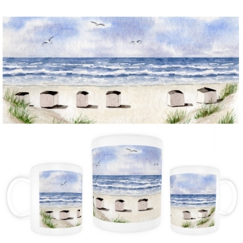Tasse Becher Kaffeebecher Aquarell Maritim Kunst Druck Kunstdruck Dänemark Nordsee Blokhus Strand Strandhäuser Badehäuser Dünen