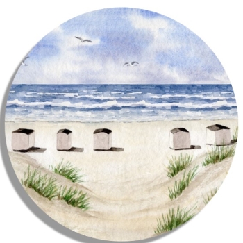 Untersetzer Glasuntersetzer rund 9,5 cm Aquarell Maritim Kunst Druck Kunstdruck Dänemark Nordsee Blokhus Strand Strandhäuser Badehäuser Dünen
