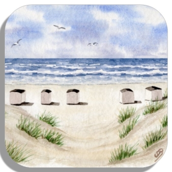 Untersetzer Glasuntersetzer 9,5 x 9,5 cm Aquarell Maritim Kunst Druck Kunstdruck Dänemark Nordsee Blokhus Strand Strandhäuser Badehäuser Dünen