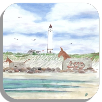 Untersetzer Glasuntersetzer 9,5 x 9,5 cm Aquarell Maritim Kunst Druck Kunstdruck Nordsee Dänemark Danmark  Blåvand Blavand Dünen Leuchtturm Maultiere Strand