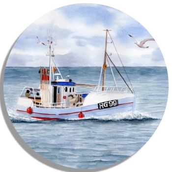 Untersetzer Glasuntersetzer rund 9,5 cm Aquarell Maritim Kunst Druck Kunstdruck Dänemark Nordsee Hirtshals Fischerboot Kutter Fischkutter blau Meer Boot Möwen