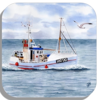 Untersetzer Glasuntersetzer 9,5 x 9,5 cm Aquarell Maritim Kunst Druck Kunstdruck Dänemark Nordsee Hirtshals Fischerboot Kutter Fischkutter blau Meer Boot Möwen