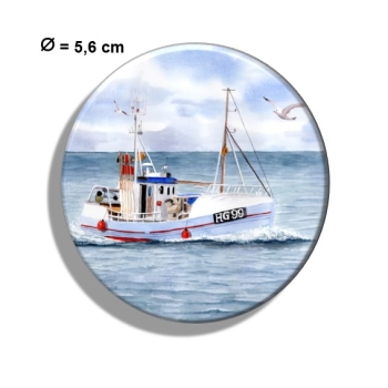 Kühlschrankmagnet m. Flaschenöffner  Aquarell Maritim Kunst Druck Kunstdruck Dänemark Nordsee Hirtshals Fischerboot Kutter Fischkutter blau Meer Boot Möwen