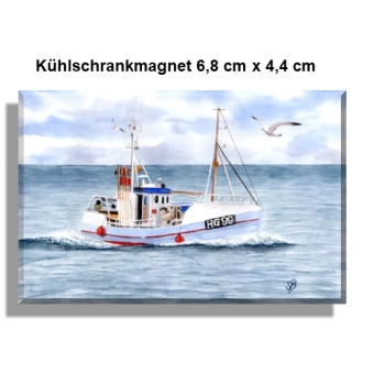 Kühlschrankmagnet  Aquarell Maritim Kunst Druck Kunstdruck Dänemark Nordsee Hirtshals Fischerboot Kutter Fischkutter blau Meer Boot Möwen