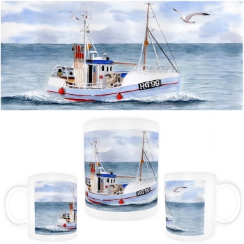 Tasse Becher Kaffeebecher  Aquarell Maritim Kunst Druck Kunstdruck Dänemark Nordsee Hirtshals Fischerboot Kutter Fischkutter blau Meer Boot Möwen