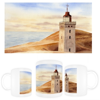 Tasse Becher Kaffeebecher Aquarell Maritim Kunst Druck Kunstdruck Nordsee Dänemark Danmark Leuchtturm Rubjerg Knude Düne Blokhus Lokken Sonnenuntergang