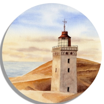 Untersetzer Glasuntersetzer rund 9,5 cm Aquarell Maritim Kunst Druck Kunstdruck Nordsee Dänemark Danmark Leuchtturm Rubjerg Knude Düne Blokhus Lokken Sonnenuntergang