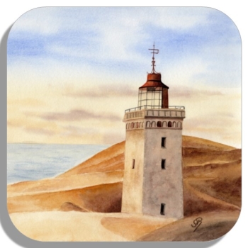 Untersetzer Glasuntersetzer 9,5 x 9,5 cm Aquarell Maritim Kunst Druck Kunstdruck Nordsee Dänemark Danmark Leuchtturm Rubjerg Knude Düne Blokhus Lokken Sonnenuntergang