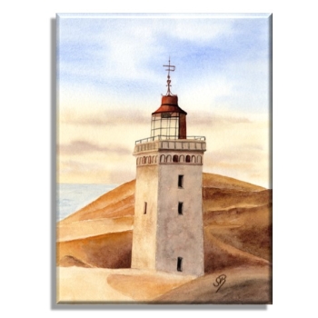 Leinwand 30 x 20 cm Keilrahmen Canvas-Leinen Aquarell Maritim Kunst Druck Kunstdruck Nordsee Dänemark Danmark Leuchtturm Rubjerg Knude Düne Blokhus Lokken Sonnenuntergang
