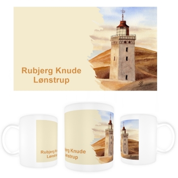Tasse Becher Kaffeebecher Aquarell Maritim Kunst Druck Kunstdruck Nordsee Dänemark Danmark Leuchtturm Rubjerg Knude Düne Blokhus Lokken Sonnenuntergang
