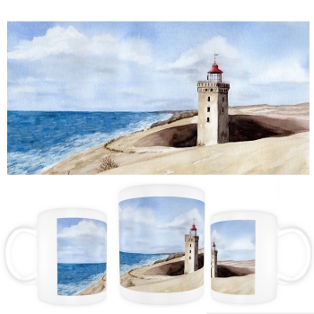 Tasse Becher Kaffeebecher Aquarell Maritim Kunst Druck Kunstdruck Nordsee Dänemark Danmark Leuchtturm Rubjerg Knude Düne Blokhus Lokken Sonnenuntergang