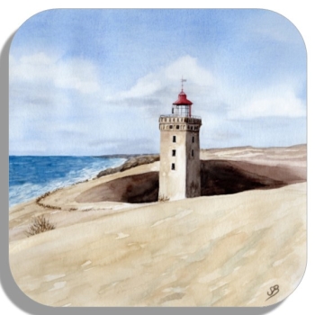 Untersetzer Glasuntersetzer 9,5 x 9,5 cm Aquarell Maritim Kunst Druck Kunstdruck Nordsee Dänemark Danmark Leuchtturm Rubjerg Knude Düne Blokhus Lokken Sonnenuntergang